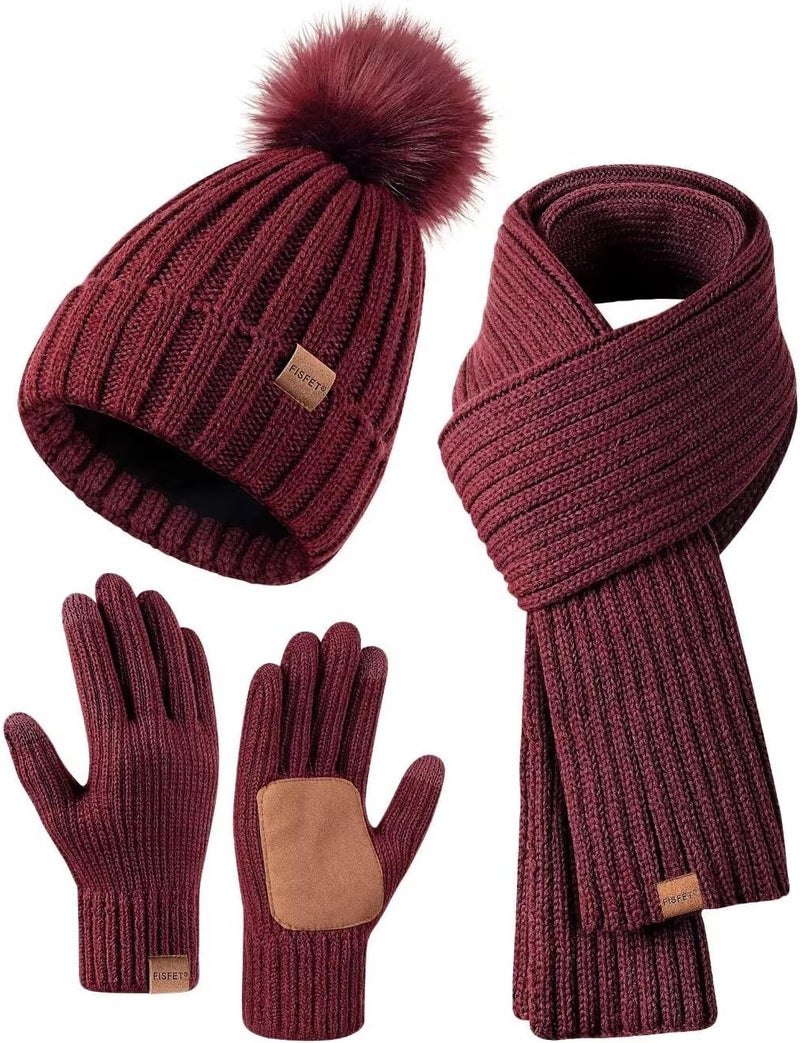 FISFET Winter Beanie Hat Scarf Gloves Set for Women, Womens Beanie with Pom Pom Long Scarf Neck Warmer Touchscreen Gloves 3 in 1 Set - Image 1